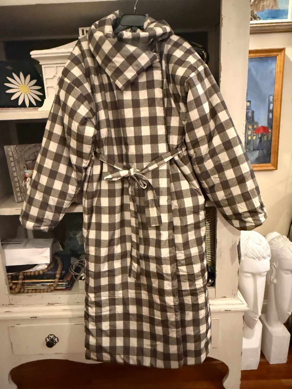 Norma Kamali plaid sleeping bag coat brown cream checkered pattern M/L - Picture 4 of 8